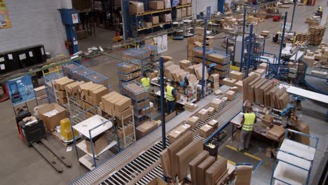 Workers-At-The-Packing-Area-Of-An-Industry-With-Carton-Boxes-Packaging-On-The-Moving-Conveyor---timelapse