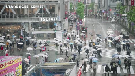 Starbucks-Café-Mit-Blick-Auf-Die-Leute-Mit-Regenschirmen-An-Der-Shibuya-kreuzung-An-Einem-Regnerischen-Tag-In-Tokio,-Japan