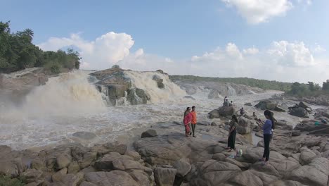 People-enjoying-at-waterfalls-of-Usri-River-in-Giridih,-Jharkhand,-India