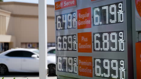 Hohe-Benzinpreise-Auf-Einem-Tankstellenschild-In-Kalifornien,-Nahaufnahme