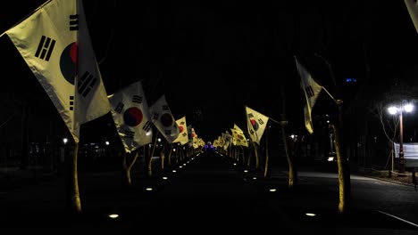 Ondeando-Simétricamente-Banderas-Coreanas-En-El-Callejón-Por-La-Noche-En-Cámara-Lenta-De-4k