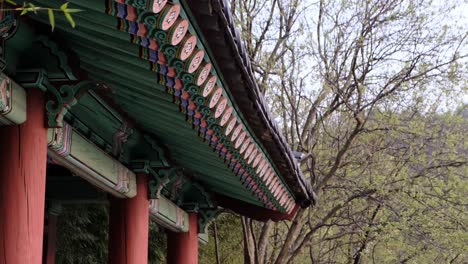 Vistas-A-Un-Antiguo-Palacio-En-Corea-Del-Sur-En-Cámara-Lenta-Con-Un-Bosque-Al-Fondo