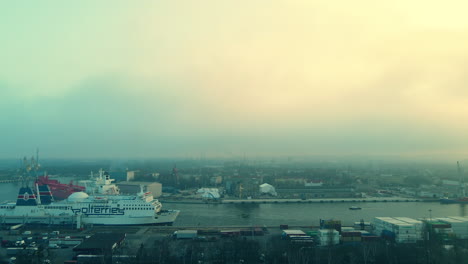 Ferry-Boat-of-Polferrries-Dock-At-Nowy-Port-On-A-Misty-Morning-Near-Westerplatte,-Gdansk,-Poland