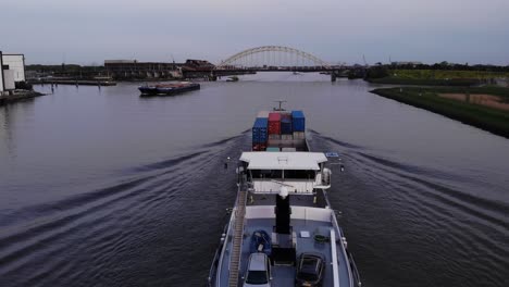 Acadia-Cargo-Ship-Approaching-Noord-Arch-Bridge-In-Hendrik-Ido-Ambacht,-Netherlands