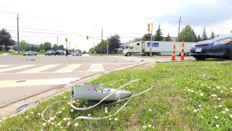 Static-shot-of-car-remains-at-the-scene-after-two-vehicles-collision-in-Brampton-Canada,-6th-June-2021