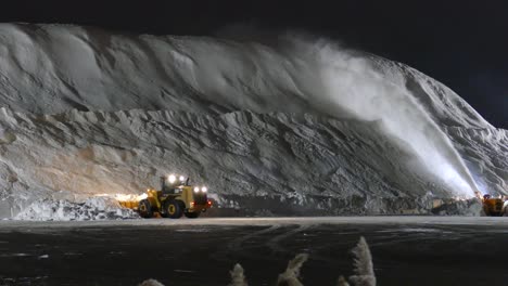 Heavy-industrial-vehicles-plow-snow-to-humongous-pile,-distance-view