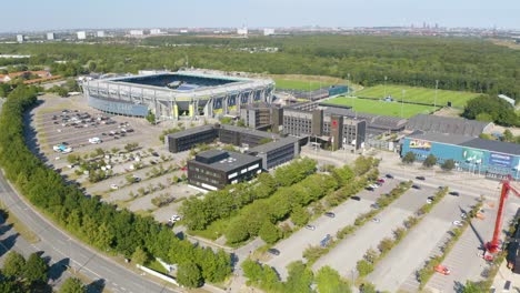 Drone-Flies-Over-Brondby-Sports-Complex-and-Stadium-in-Denmark-Suburb