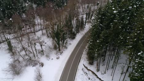 Aerial-view-of-winter-country-road-in-snowy-forest