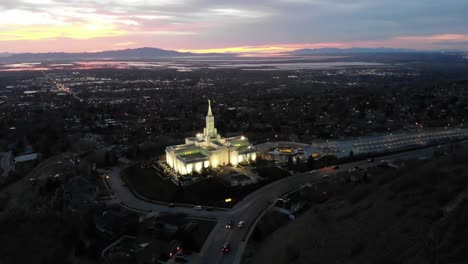 Beautiful-LDS-temple-flown-over-by-drone-at-sunset