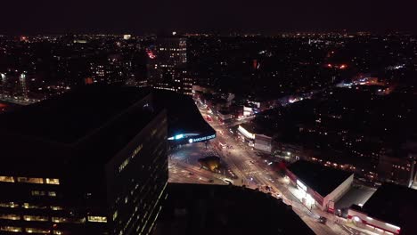 Drone-footage-of-the-Barclays-Center-in-Brooklyn,-New-York-taken-at-night