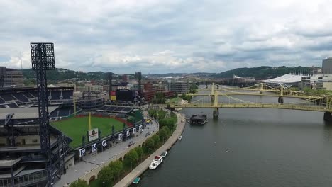 Aerial-pan-medium-angle-pan-from-PNC-Park-across-the-Allegheny-River-to-the-Pittsburgh-skyline-Concept:-urban,-cityscape,-sporting,-fields,-drone