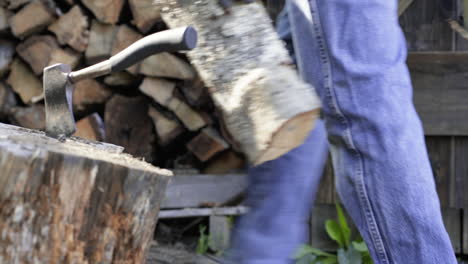 Man-Walks-Behind-a-Hatchet-on-a-Stump-to-Set-Logs-on-a-Stack