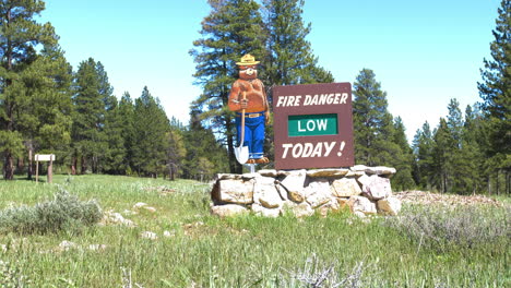 A-fire-danger-danger-in-the-Wasatch-Forest-outside-of-Kamas,-Utah-that-states-there's-low-danger