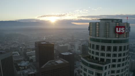 Gorgeous-aerial-over-downtown-Los-Angeles-during-sunrise