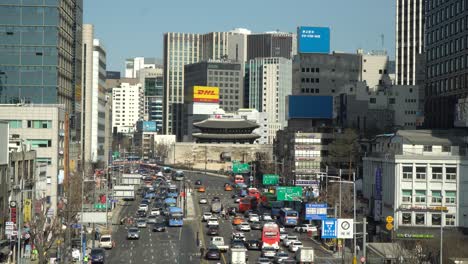 Many-Countless-cars-moving-along-the-city-center-multilane-road-near-Sungnyemun-gate---Namdaemun-district-of-Seoul