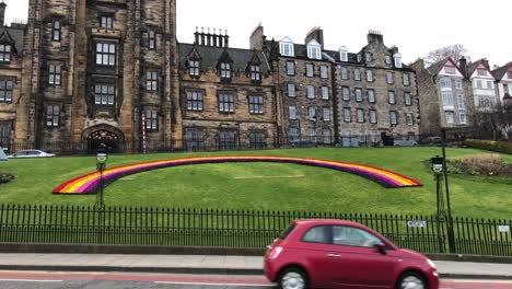 "Rainbow-of-Hope"-Floral-Rainbow-In-Edinburgh,-Scotland-ahead-of-the-anniversary-of-the-Covid-19-Lockdown