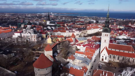 Majestic-aerial-of-historic-old-town-cathedral-and-churches-of-Tallinn