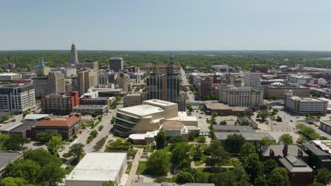 Aerial-View-of-Downtown-Lincoln,-Nebraska-on-Hot-Summer-Day