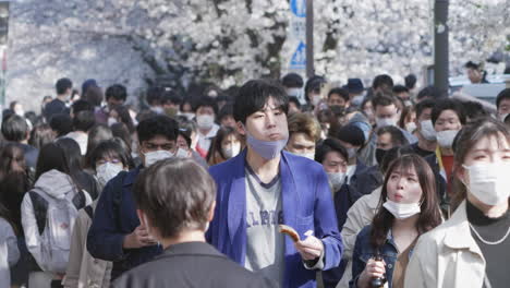 People-Wearing-Masks-As-They-Walk-Crowded-Streets-During-The-Sakura-Festival---medium-shot