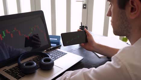 Man-Holding-Mobile-Phone-And-Looking-At-Screen-Of-Laptop-Showing-Stock-Market-Bearish-Candlestick-Movement