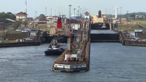 Panama-Canal,-oil-tankers-transiting-Gatun-Locks