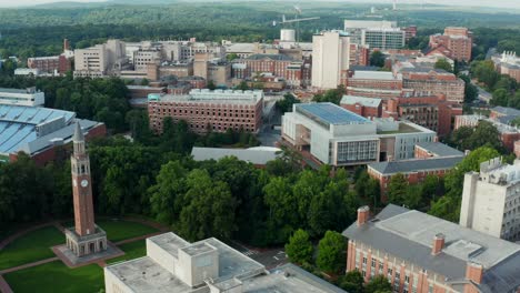UNC-University-of-North-Carolina-bell-tower,-football-stadium,-School-of-Medicine-buildings-and-hospital
