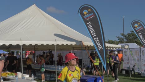 Finish-Zone-Feather-Flags-During-Townsville-Running-Festival-For-2021---Participants-At-Marathon-And-Fun-Run-In-QLD,-Australia