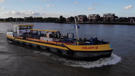 Aerial-Starboard-View-Of-Hilda-S-Inland-Motor-Tanker-Navigating-River-Noord-In-Alblasserdam