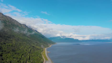 4K-Drone-Video-of-Mountain-Shoreline-of-Turnagain-Arm-near-Hope,-Alaska-in-Summer