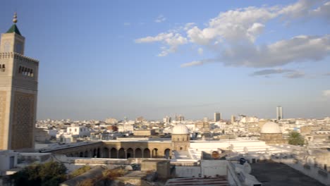Panoramic-View-Of-Old-Townscape-With-Zaytuna-Mosque-Minaret-View-From-Cafe-Panorama-In-Tunis,-Tunisia