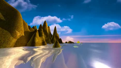 Zeitraffer-Animationsvideo-Einer-Tropischen-Insel,-Palmen,-Die-Im-Wind-Wehen,-Wasser-Und-Wolken,-Die-Sich-Schnell-Bewegen
