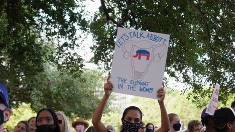 Mujer-Sostiene-Un-Cartel-De-Protesta-En-La-Manifestación-Por-Los-Derechos-Reproductivos,-Hablemos-Sobre-El-Elefante-En-El-útero,-4k