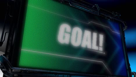 3D-animated-motion-graphics-design-of-a-hi-tech-screen-flashing-a-lightboard-style-sports-title-card,-in-classic-blue-and-green-color-scheme,-with-animated-chevrons-and-the-bold-Goal-caption