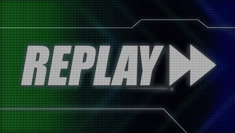 2D-animated-motion-graphics-design-of-a-flashing-lightboard-style-sports-title-card,-in-classic-blue-and-green-color-scheme,-with-animated-chevrons-and-the-bold-Replay-caption