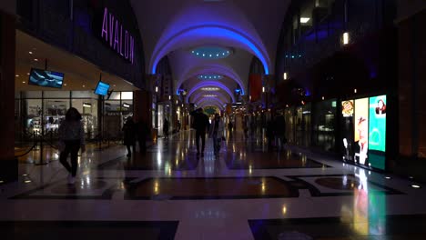 Fallsview-Casino-hallway-in-Niagara-Falls-during-evening-and-night-in-dark-with-color-changing-ceiling-roof