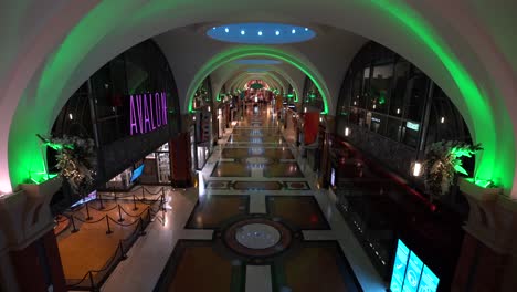 Fallsview-Casino-hallway-in-Niagara-Falls-during-evening-and-night-with-color-changing-roof---aerial-view