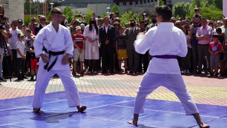 Martial-art-Taekwondo-performers-in-city-center-of-Tirana,-young-boys-competition