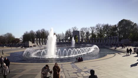 Establishing-shot-Tourists-visit-World-War-II-Memorial-with-huge-Fountain