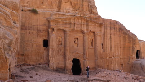 UNESCO-world-heritage-archaeological-site,-view-of-Tomb-of-the-Roman-Soldier-tourist-destination-in-the-sand-rock-carved-ancient-city-of-Petra-Jordan
