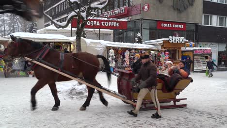 Tracking-shot-of-typical-horse-sled-carrying-people-through-streets-in-Zakopane