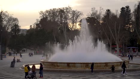 Beautiful-scenery-at-plaza-de-Espana-in-Seville-at-sunset-with-water-fountain