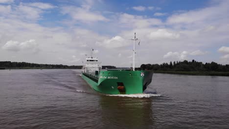 Aerial-Forward-Bow-View-Arklow-Beacon-Navigating-Oude-Maas-In-Barendrecht