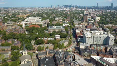 Birds-Eye-View-of-Harvard-Campus,-Pan-Up-Reveals-Boston-Cityscape