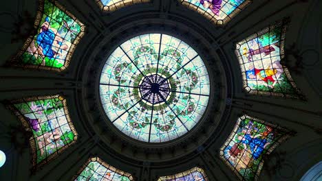 Nadir-view-of-the-stained-glass-windows-of-the-Intendencia-de-Santiago-building,-former-Illustrated-newspaper-building,-current-presidential-delegation,-Heritage-Day