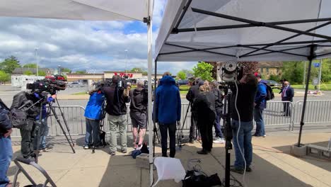 Mass-shooting-in-a-supermarket,-press-interview-at-the-crime-scene-in-Buffalo-NY