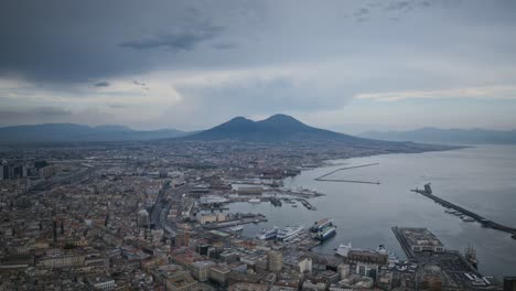 Wide-aerial-hyperlapse-moving-away-from-Mount-Vesuvius-in-Naples,-Italy