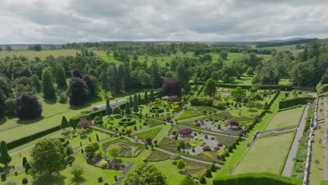 Static-Aerial-Drone-Shot-Showing-The-Well-Kept-Gardens-of-Drummond-Castle