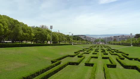 Park-of-Eduardo-VII-is-located-on-a-hill,-the-Park-has-a-formal-garden-design,-consisting-of-a-sloped-lawn-area-with-symmetrical-box-hedges,-and-several-species-of-trees-on-either-side