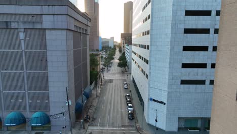 Aerial-through-downtown-Houston-Texas-street