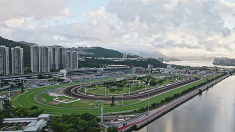 Low-angle-Drone-view-of-Shatin-Horse-Racecourse-in-Hong-Kong